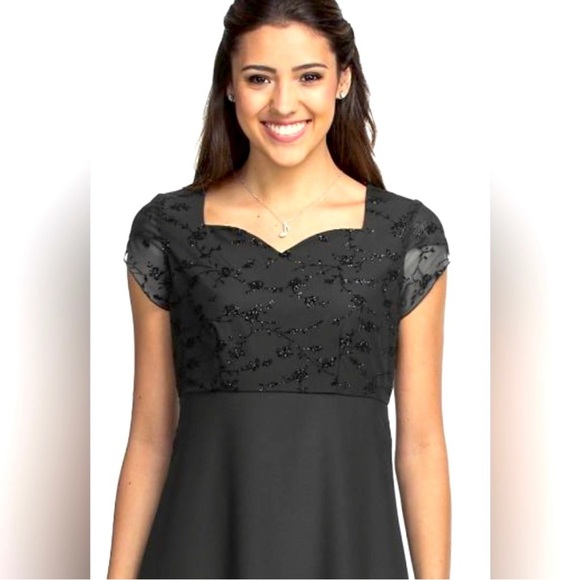 Velvet Flocked Chiffon Bodice with Crape Back Satin Skirt Formal Maxi Dr… - Picture 2 of 16